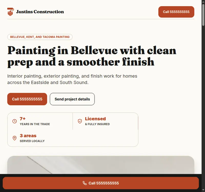Justins Construction, a demo contractor website built by J.R. Winter Digital