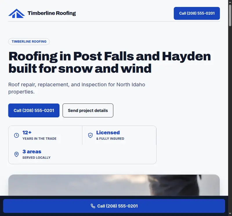 Timberline Roofing, a demo contractor website built by J.R. Winter Digital
